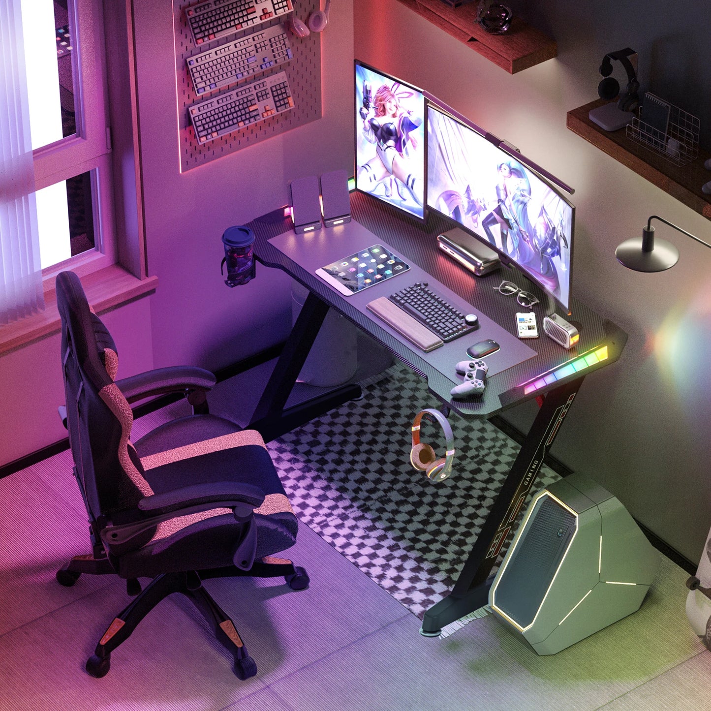 Gaming Desk with RGB Lighting and Storage Hooks