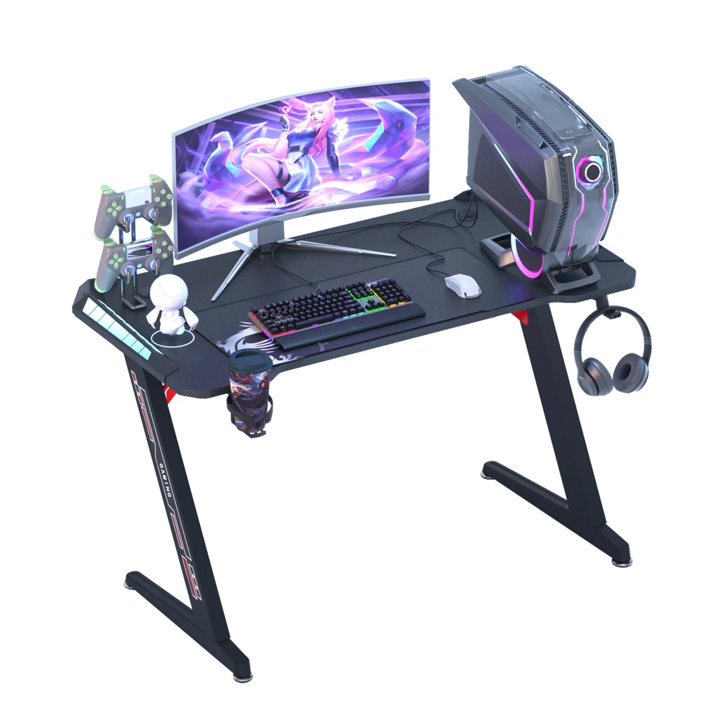 Gaming Desk with RGB Lighting and Storage Hooks