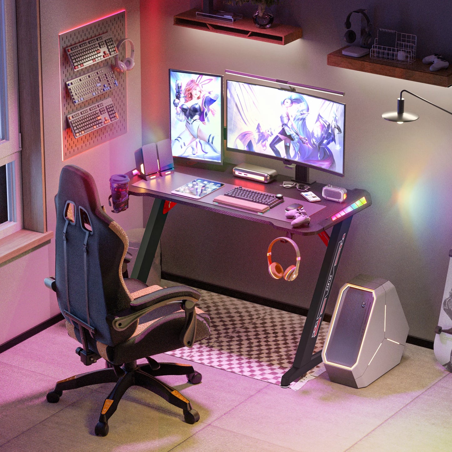 Gaming Desk with RGB Lighting and Storage Hooks