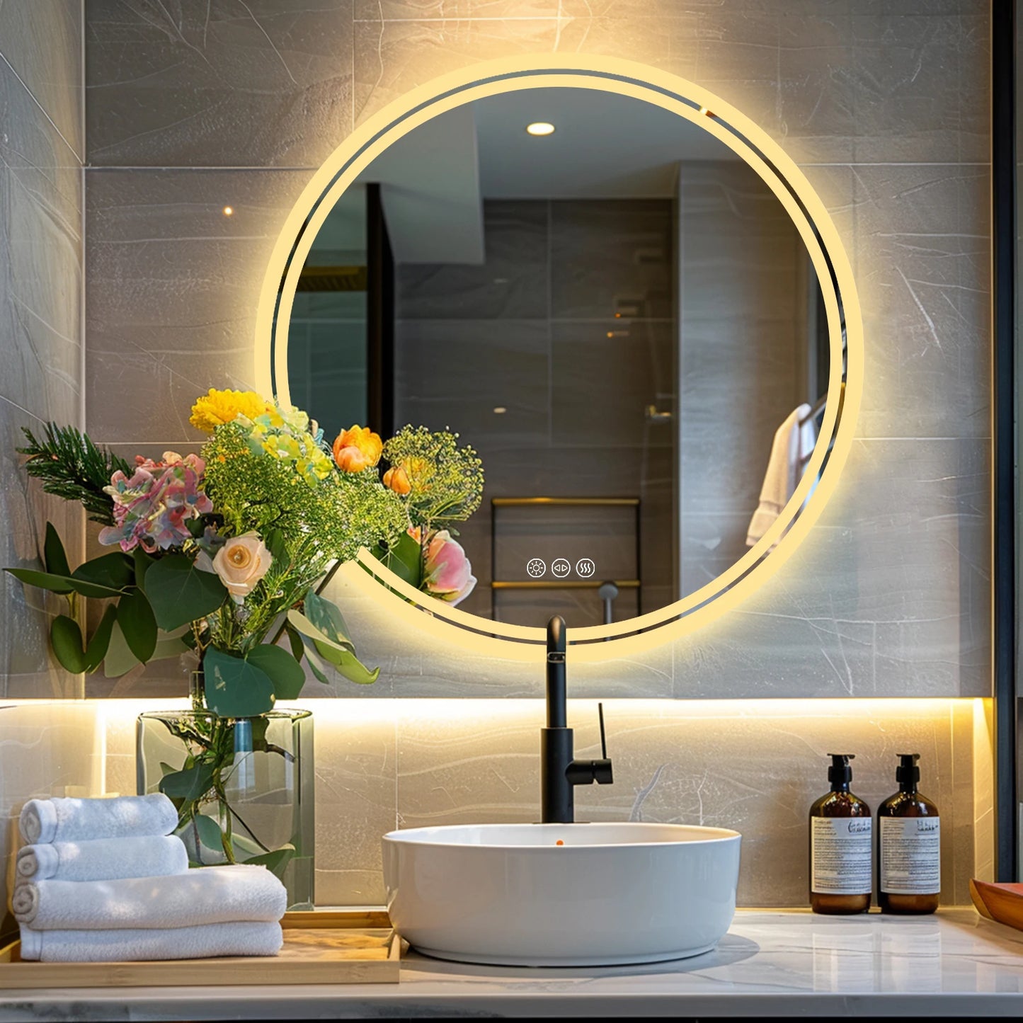 LED Round Mirror with Anti-Fog and Touch Sensor Control