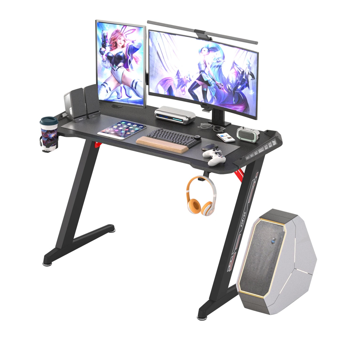 Gaming Desk with RGB Lighting and Storage Hooks